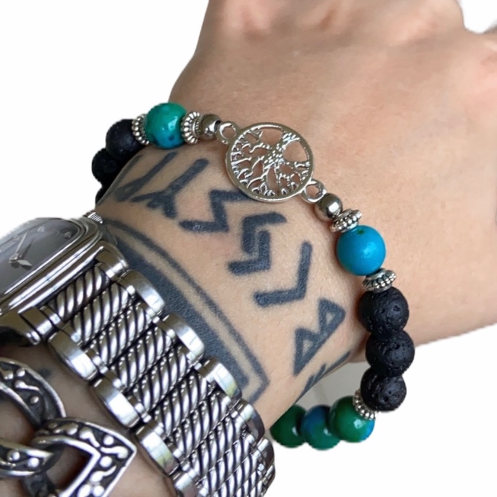 Chrysocolla lava rock tree of life bead bracelet - Picture 2 of 11